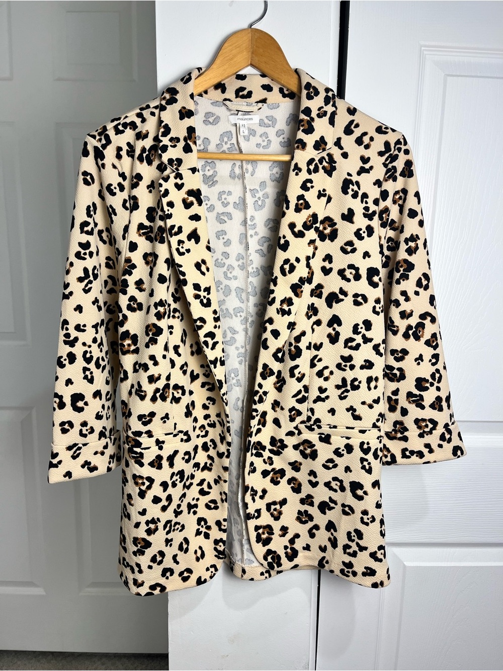 Maurices Blazer Cardigan Leopard Large Tan Black 3/4 Sleeve Open Front Cardigan